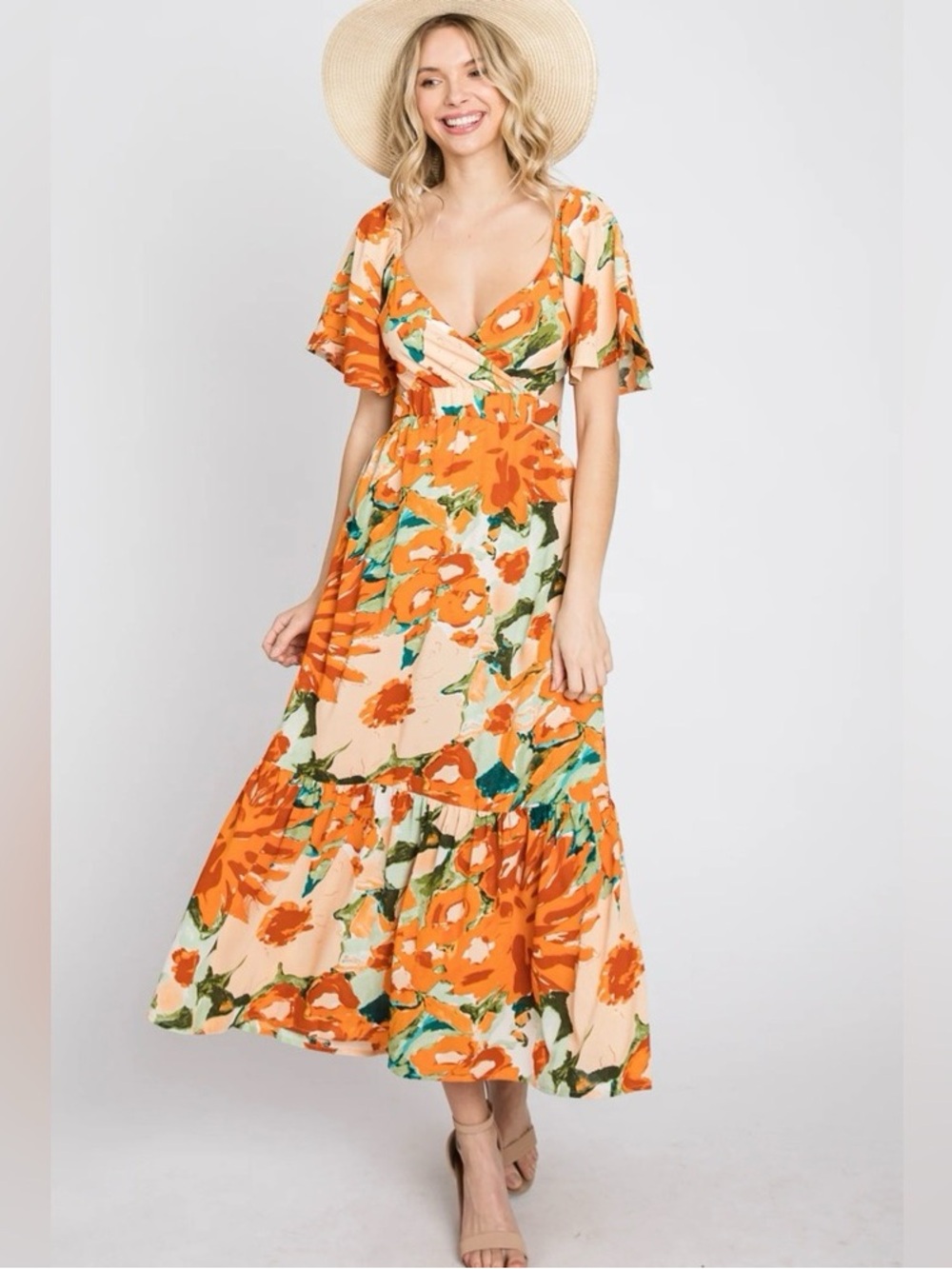 Lush Orange Floral Maxi Dress with V-Neck